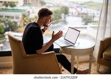 Business Video Conferencing. Young Man Having Video Call Via Computer In The Home Office. Multiethnic Business Team. Virtual House Party. Online Team Meeting Video Conference Calling From Home