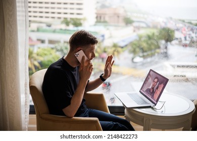 Business Video Conferencing. Young Man Having Video Call Via Computer In The Home Office. Multiethnic Business Team. Virtual House Party. Online Team Meeting Video Conference Calling From Home