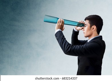 Business Vision And Leadership Concept, Businessman Looking Or Searching For Success Via Transparent Telescope Monocular, Side View