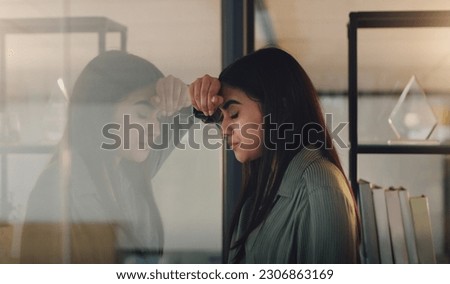 Business, window and woman with stress, night and mental health issue with fatigue, schedule and anxiety. Female person, tired employee and agent with depression, evening and mistake with burnout