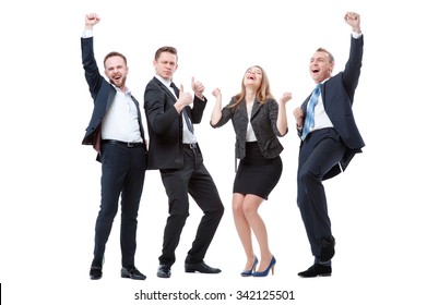 Business Winners. Full Length Of Group Of Happy Young People In Formal Wear Celebrating, Gesturing, Keeping Arms Raised And Expressing Positivity. Isolated On White.