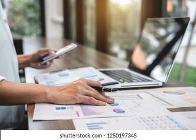Business Woman Accountant Working Audit And Calculating Expense Financial Annual Financial Report Balance Sheet Statement, Doing Finance Making Notes On Paper Checking Document.