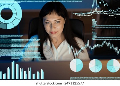 Business Woman Analyzing Data on Digital Screens, Representing Futuristic Technology and Big Data Analysis Concepts. She Appears Focused and Engaged, Highlighting Innovation, Business Intelligence. - Powered by Shutterstock