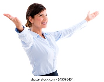 Business Woman With Arms Open To New Opportunities - Isolated Over White Background 