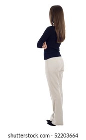 Business woman from the back - looking at something over a white background