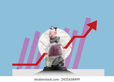 A business woman with binoculars sits on the protected money. Business analytics and strategic. Invest money safely concept. - Powered by Shutterstock