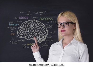 Business Woman And Brain On The Blackboard