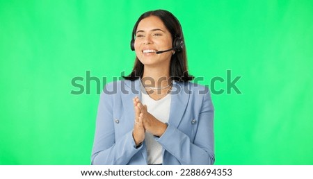 Business woman, call center and consulting on green screen with headphones in customer service against studio background. Happy female consultant agent talking with headset in telemarketing on mockup