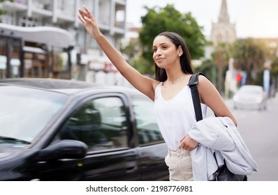 Business Woman Call A Taxi Or Transport In The City Street In The Morning While Commute To Work. Friendly Corporate Worker Hand And Arm Wave For A Cab In A Urban Town And Road In Busy Traffic