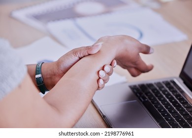 Business Woman With Carpal Tunnel Wrist Pain, Arthritis Or Muscle Spasm From Working On Laptop In Office. Worker With Medical Injury From Typing Fast On Keyboard And Working Online In Administration