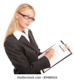 Business Woman With A Checklist Thinking