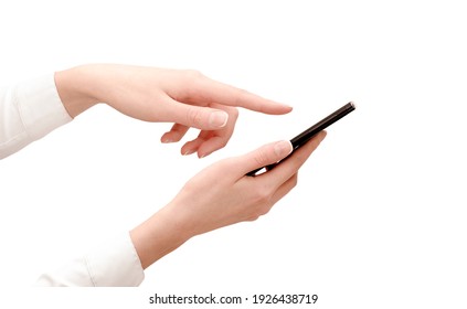 business woman clicks on the smartphone screen. isolated white background - Shutterstock ID 1926438719