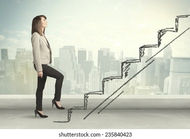 Business woman climbing up on hand drawn staircase concept on city background - Powered by Shutterstock