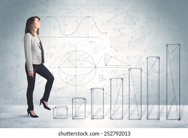 Business woman climbing up on hand drawn graphs concept on background