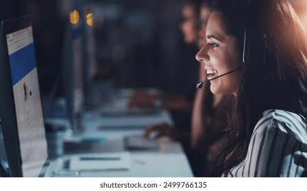 Business woman, computer and conversation in call center for telecom, help and online advice in office. Customer service agent, pc and multilingual support with translation, web chat and working late - Powered by Shutterstock