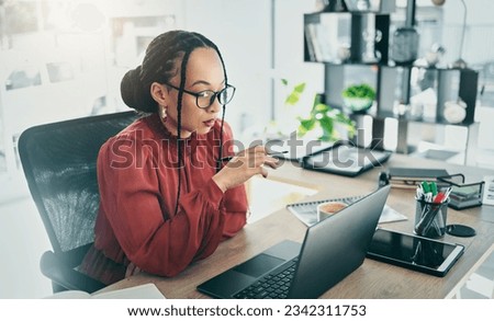 Business woman, computer and office desk for online editing, marketing research and planning. Professional african person, editor or worker reading email, social media copywriting and email on laptop