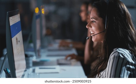 Business woman, computer and talking in call center for contact us, help and online advice in office. Customer service agent, pc and multilingual support for language translation, smile and web chat - Powered by Shutterstock