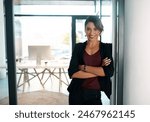 Business, woman and confident with portrait in office with happiness for career in corporate advisory and management. Founder, entrepreneur and arms crossed with professionalism for consulting firm.