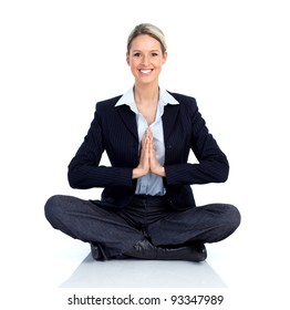 Business Woman Doing Yoga. Isolated Over White Background