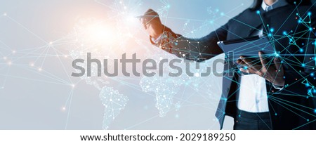 Business woman drawing global structure networking and data exchanges customer connection. Expanding customer base and progress for business. Business strategy and planning. Foto stock © 