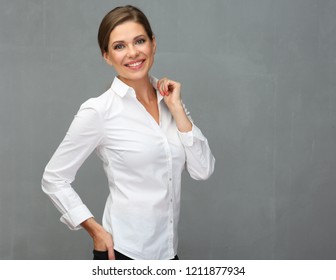 Business Woman Dressed White Shirt Standing In Front Of Grey Wall Back.