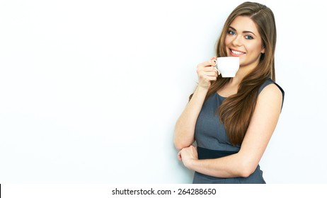 Business woman drink coffee, hold white coffee cup. Business dress code. White background. Isolated. - Powered by Shutterstock