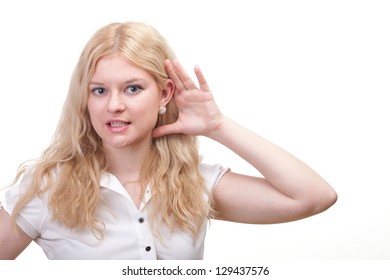 Business Woman Eavesdropping With Hand Behind Her Ear