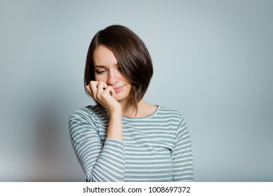 Business Woman Embarrassed, Shy, Isolated On Background, Studio Photo