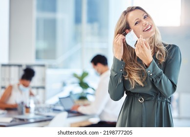 Business Woman, Employee And Corporate Worker Removing Covid Mask In Office At Work, Happy About End Of Pandemic And Giving Smile While Working At Startup Company. Portrait Of Manager Free From Virus