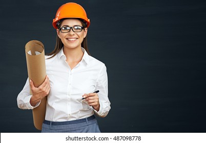 Business Woman Engineer Developer Holding Blueprint On Black Background.