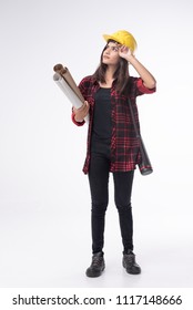 Business Woman Engineer Portrait. Architect Worker Protect Helmet Wearing. Busy And Work Hard. She Wear Red And Black Table Shirt.