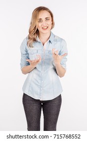 Business Woman Explaining Something To Audiences On White Background. Human Emotion Facial Expression Reaction Attitude.