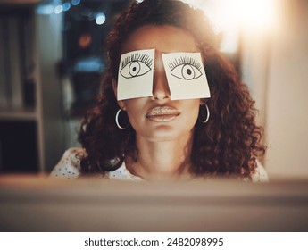 Business woman, eyes and night with sticky notes to hide sleep, emotion or expression at office desk. Face of female person with paper to mask depression, anxiety or stress in fatigue at workplace - Powered by Shutterstock