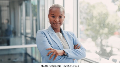 Business woman, face or arms crossed in modern office with marketing innovation, advertising vision or branding ideas. Portrait, smile or happy creative designer with confidence for about us website - Powered by Shutterstock