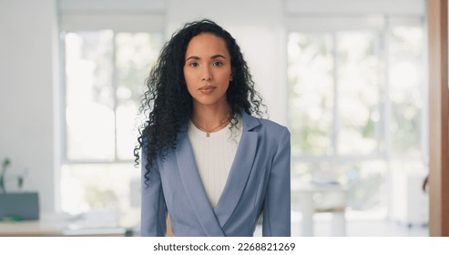 Business woman and face with stop hand for assertive and serious gesture for rejection at workplace. Corporate black woman in office portrait with palm zoom for warning, discrimination or harassment - Shutterstock ID 2268821269