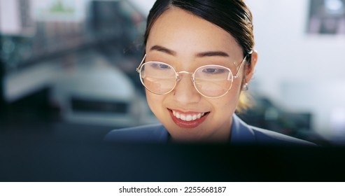 Business woman, face and work at computer, typing report or proposal for overtime, smile and deadline with kpi target. Online, connect and happy Asian worker with professional success and corporate. - Shutterstock ID 2255668187