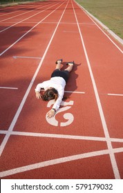 Business Woman Fall Near By Finish Line