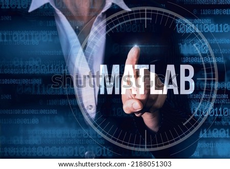 Business Woman with finger pressing Matlab button on virtual screens. Modern technology concept 