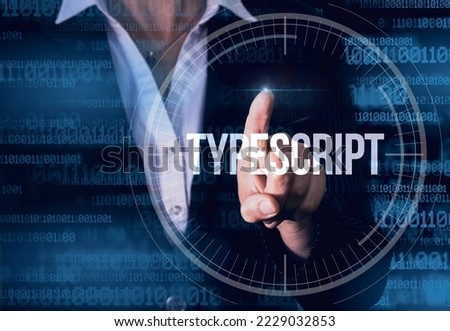  Business Woman with finger pressing TypeScript button on virtual screens. Modern technology concept 