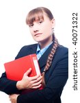 Business woman with a folder and with the braid (isolated)