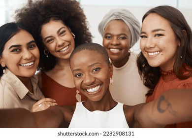 Business woman, friends and smile for selfie, profile picture or social media business at office. Portrait of happy and diverse group of women face smiling for photo, vlog or online post at workplace - Powered by Shutterstock