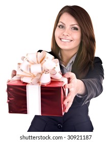  Business Woman With Gift Box. Isolated.