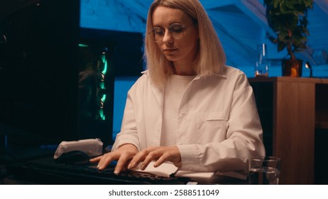 Business woman girl female trader programmer businesswoman drink water late night office crypto currency graph charts computer multiple screen bitcoin trading stock market analysis data web commerce