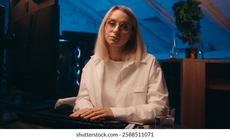 Business woman girl female trader programmer businesswoman drink water late night office crypto currency graph charts computer multiple screen bitcoin trading stock market analysis data web commerce