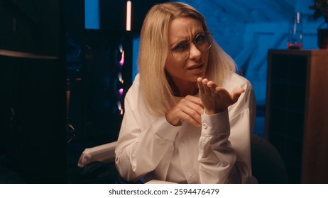 Business woman girl female trader programmer businesswoman drink water late night office crypto currency graph charts computer multiple screen bitcoin trading stock market analysis data web commerce