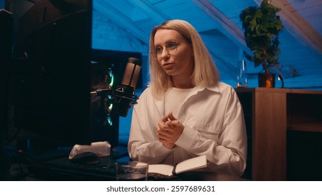 Business woman girl female trader programmer businesswoman drink water late night office crypto currency graph charts computer multiple screen bitcoin trading stock market analysis data web commerce