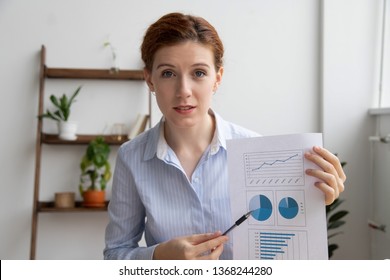 Business Woman Giving Online Presentation Discuss Financial Report Talking Make Conference Video Call, Coach Expert Explain Charts Looking At Webcam Camera Consulting Client Online Shoot Vlog Webinar