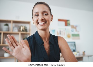 Business Woman, Greeting Or Video Conference Meeting In Creative Startup Collaboration, Crm Presentation Or B2b Sales Workshop. Portrait, Happy Smile Or Waving Designer In Office Interview Zoom Call