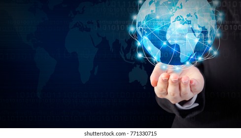 Business woman hand holding global network connection design with copy space