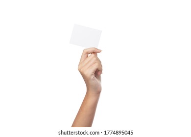 Business Woman Hand Holding Mock Up Business Card Isolated On White Background With Clipping Path